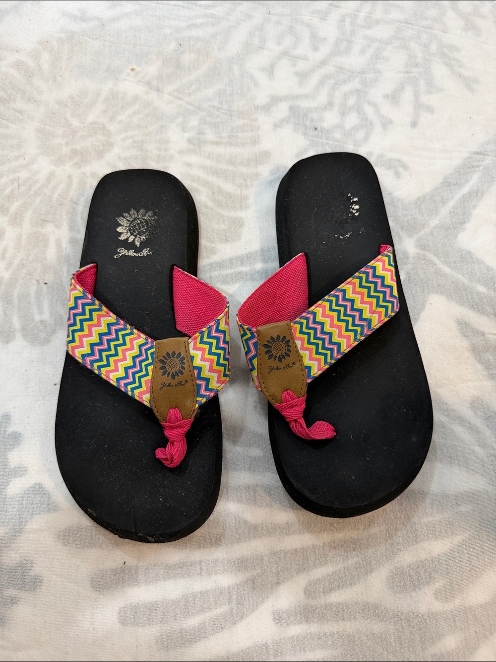 Yellow Box Black Flip Flop Sandals with Pink Chevron Straps